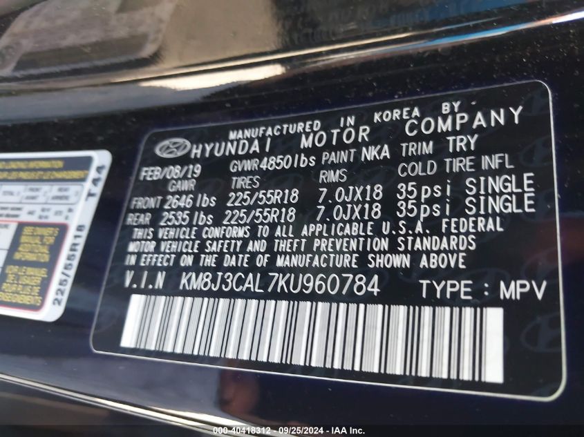 KM8J3CAL7KU960784 2019 Hyundai Tucson Ultimate