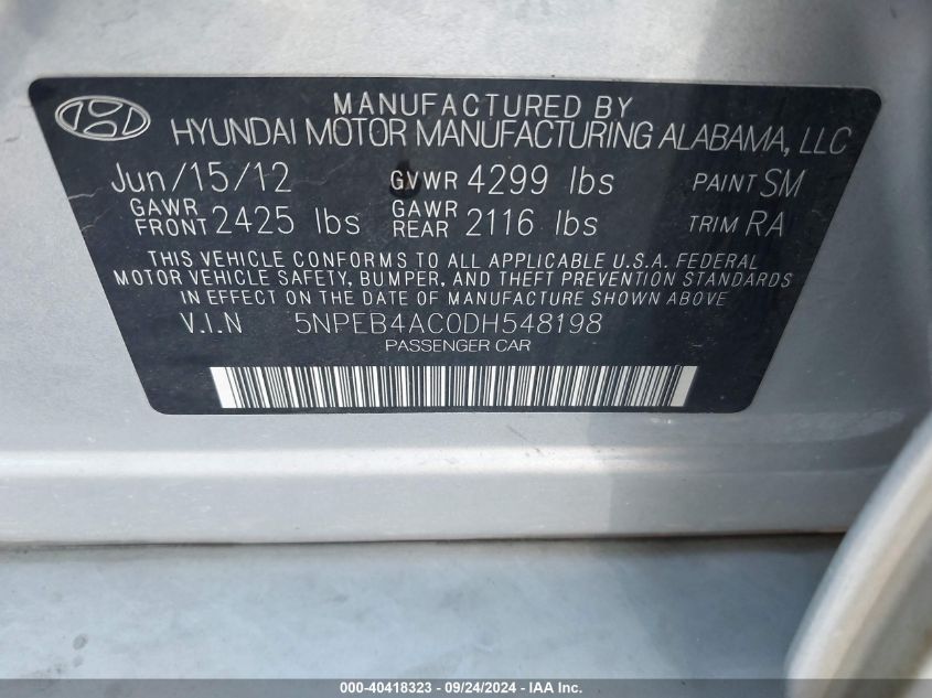 5NPEB4AC0DH548198 2013 Hyundai Sonata Gls