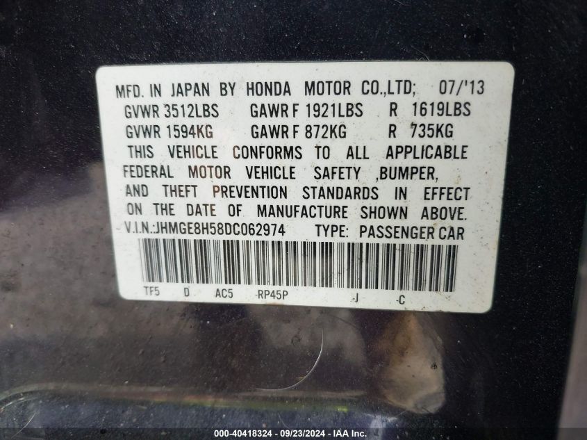 JHMGE8H58DC062974 2013 Honda Fit Sport