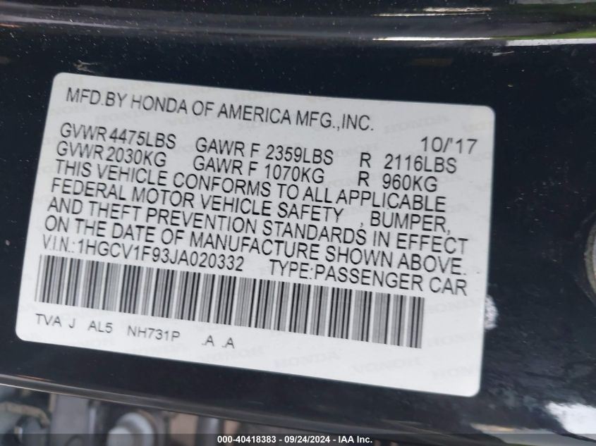 1HGCV1F93JA020332 2018 Honda Accord Touring