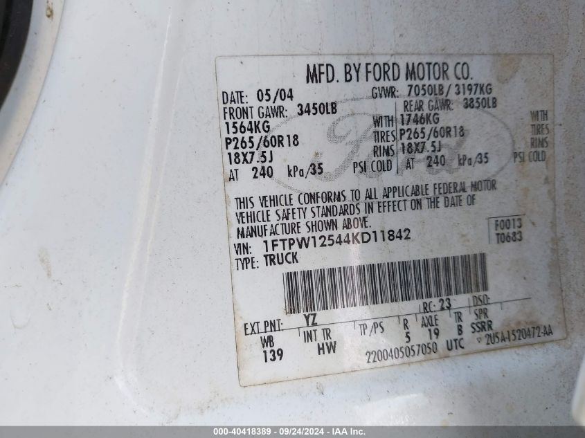 2004 Ford F-150 Lariat/Xlt VIN: 1FTPW12544KD11842 Lot: 40418389