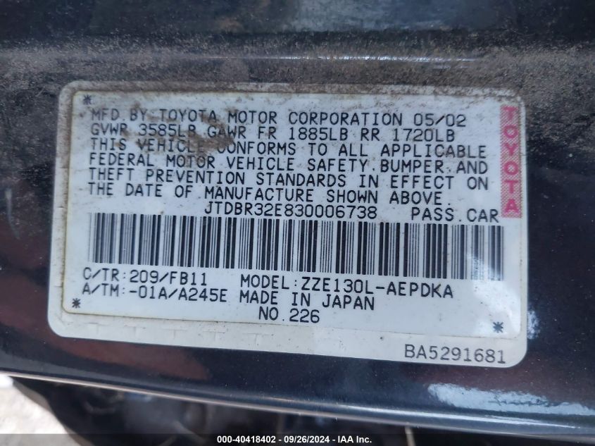 2003 Toyota Corolla Ce VIN: JTDBR32E830006738 Lot: 40418402