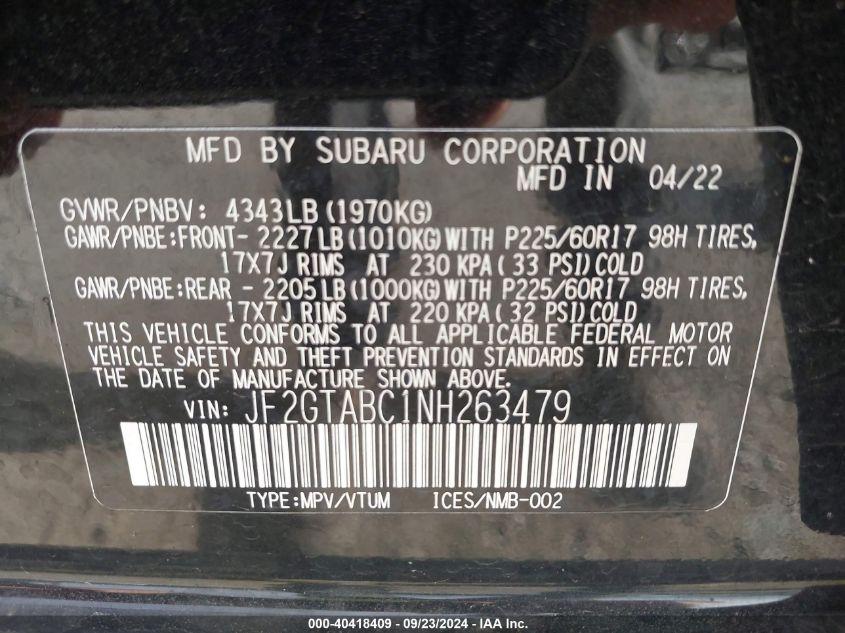 JF2GTABC1NH263479 2022 Subaru Crosstrek