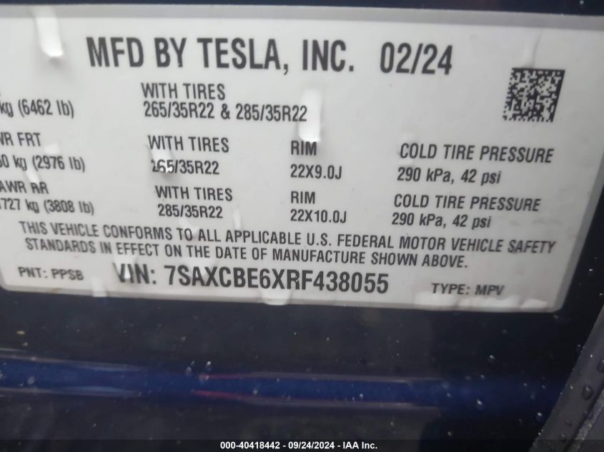 2024 Tesla Model X VIN: 7SAXCBE6XRF438055 Lot: 40418442