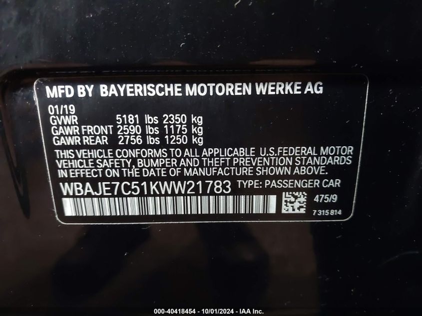 WBAJE7C51KWW21783 2019 BMW 540I xDrive