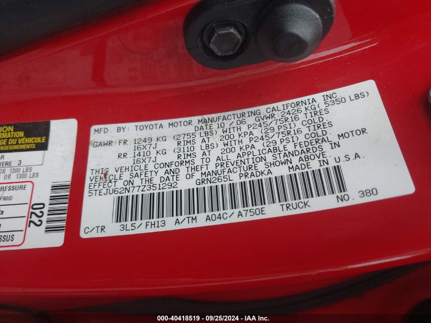 5TEJU62N77Z351292 2007 Toyota Tacoma Prerunner V6