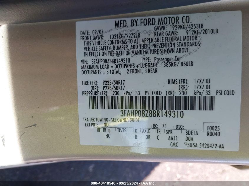 2008 Ford Fusion Sel VIN: 3FAHP08Z88R149310 Lot: 40418540