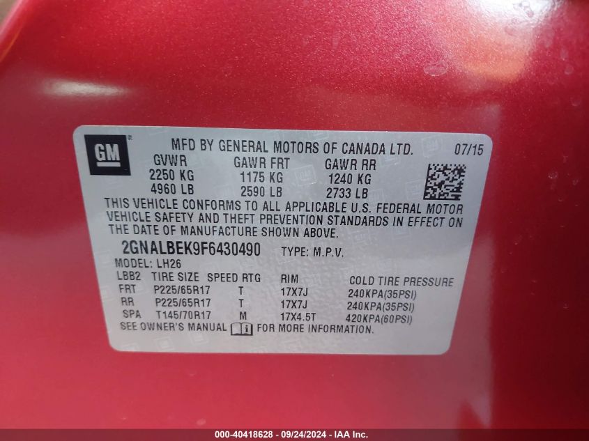 2015 Chevrolet Equinox 1Lt VIN: 2GNALBEK9F6430490 Lot: 40418628