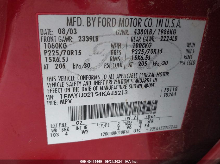 1FMYU02154KA45213 2004 Ford Escape Xls