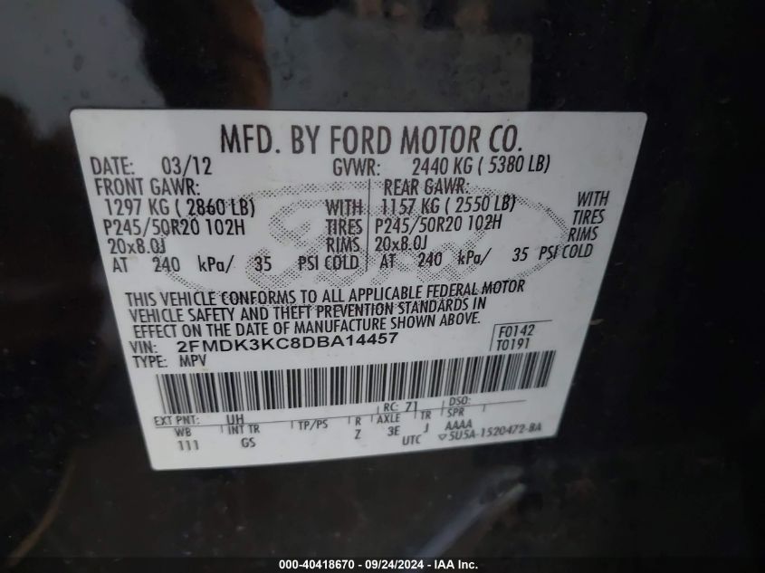 2FMDK3KC8DBA14457 2013 Ford Edge Limited