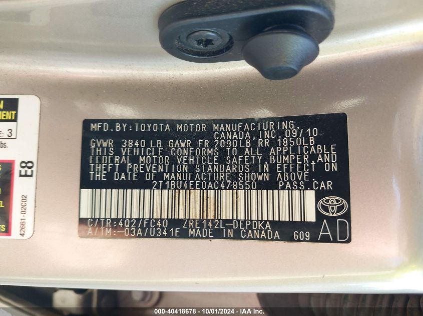2010 Toyota Corolla Le VIN: 2T1BU4EE0AC478550 Lot: 40418678