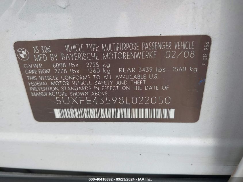 5UXFE43598L022050 2008 BMW X5 3.0Si