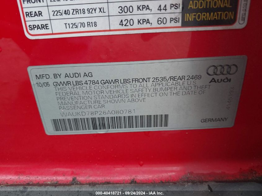 WAUKD78P26A080781 2006 Audi A3 3.2 S Line