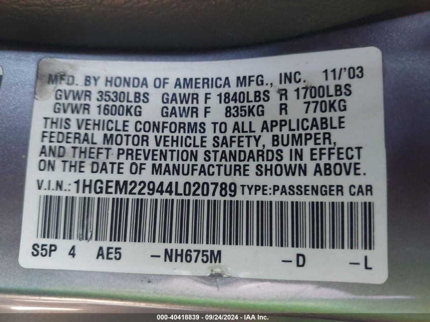 2004 Honda Civic Ex VIN: 1HGEM22944L020789 Lot: 40418839