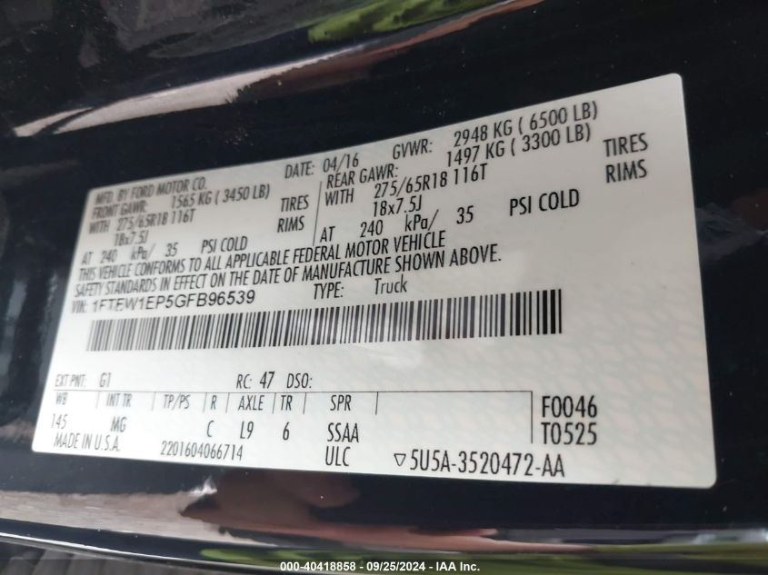 2016 Ford F-150 Xlt VIN: 1FTEW1EP5GFB96539 Lot: 40418858