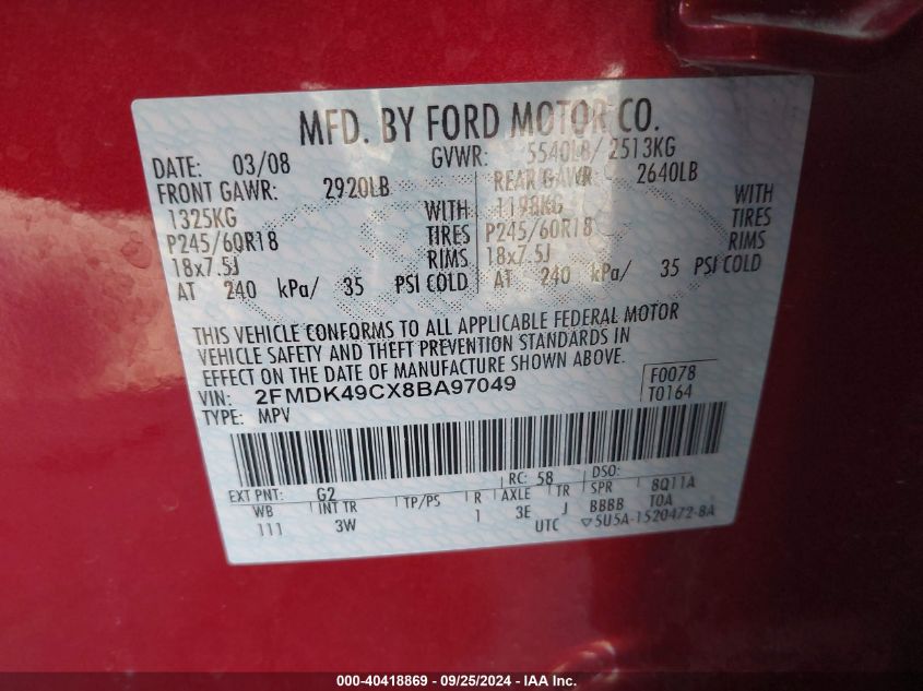 2008 Ford Edge Limited VIN: 2FMDK49CX8BA97049 Lot: 40418869