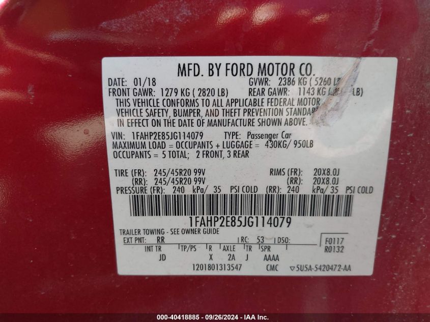 1FAHP2E85JG114079 2018 Ford Taurus Sel