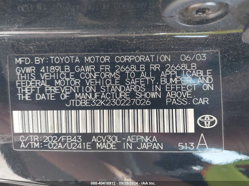 JTDBE32K230227026 2003 Toyota Camry Le