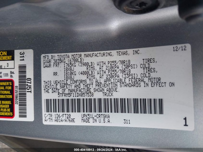 5TFRM5F11DX057538 2013 Toyota Tundra Grade 4.6L V8