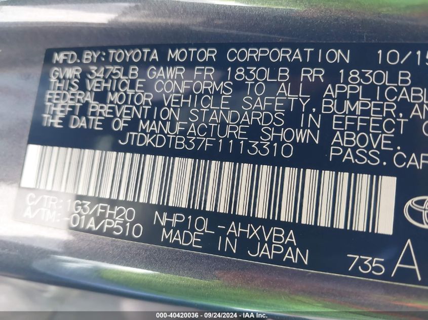 JTDKDTB37F1113310 2015 Toyota Prius C One