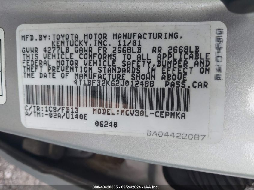 4T1BF32K62U012488 2002 Toyota Camry Le V6