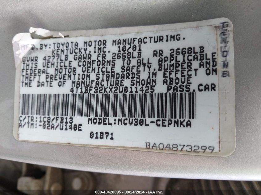 4T1BF32KX2U011425 2002 Toyota Camry Le V6