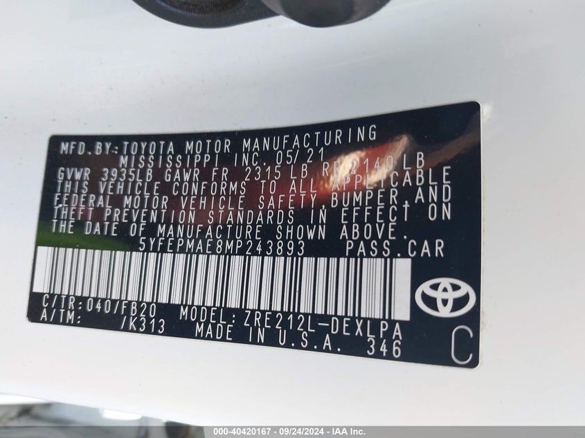 VIN 5YFEPMAE8MP243893 2021 TOYOTA COROLLA LE