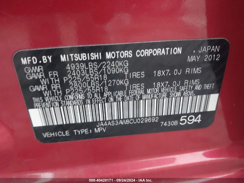 2012 Mitsubishi Outlander Se VIN: JA4AS3AW8CU029692 Lot: 40420171