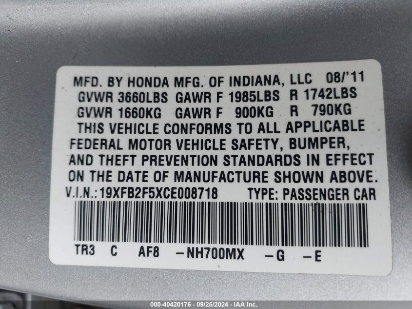 19XFB2F5XCE008718 2012 Honda Civic Lx