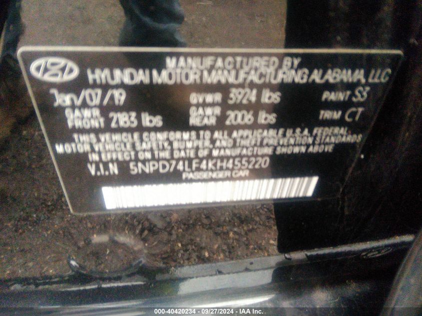 5NPD74LF4KH455220 2019 Hyundai Elantra Se