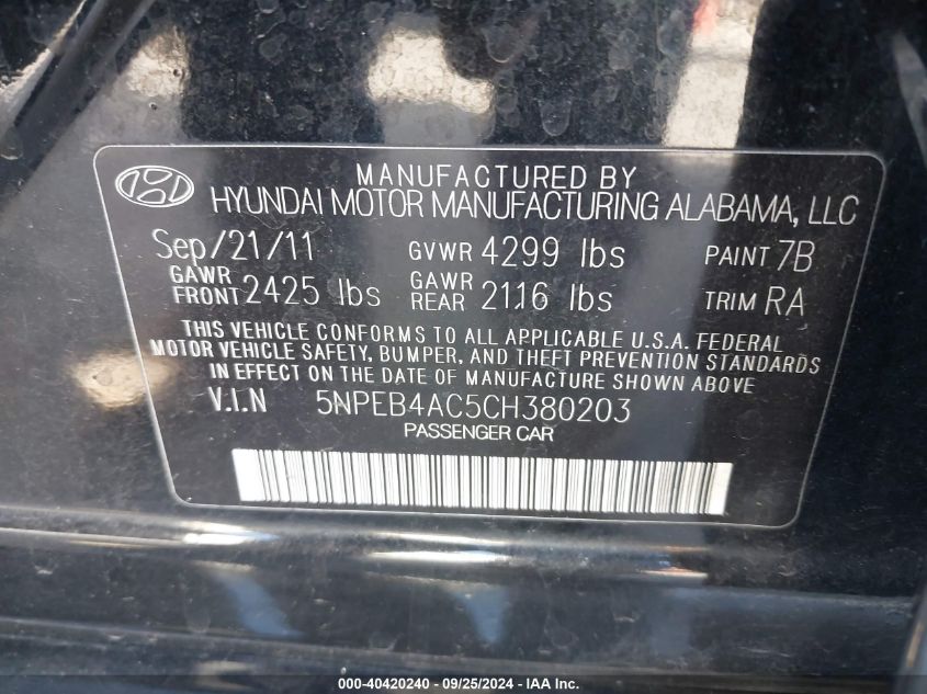 5NPEB4AC5CH380203 2012 Hyundai Sonata Gls