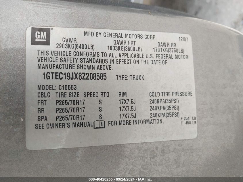 2008 GMC Sierra 1500 Sle2 VIN: 1GTEC19JX8Z208585 Lot: 40420255