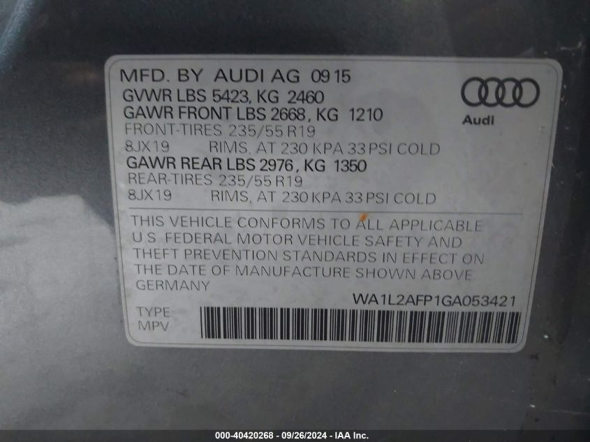 2016 Audi Q5 2.0T Premium VIN: WA1L2AFP1GA053421 Lot: 40420268