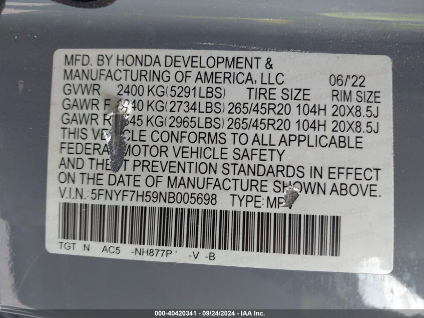 2022 Honda Passport Exl VIN: 5FNYF7H59NB005698 Lot: 40420341