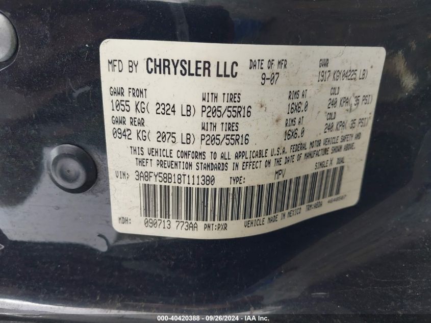 2008 Chrysler Pt Cruiser Touring VIN: 3A8FY58B18T111380 Lot: 40420388