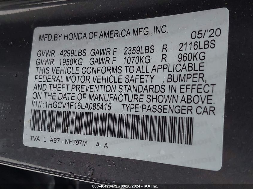 1HGCV1F16LA085415 2020 Honda Accord Lx