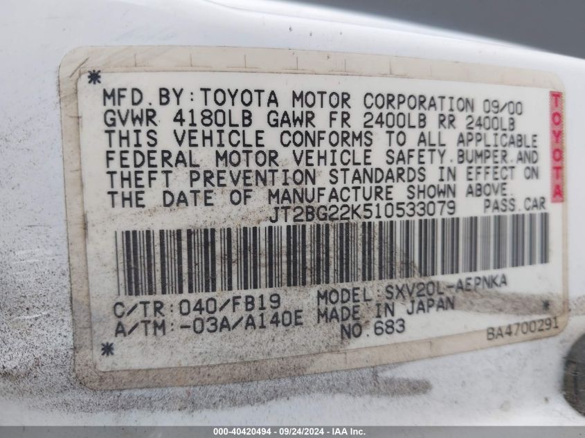 JT2BG22K510533079 2001 Toyota Camry Ce/Le/Xle