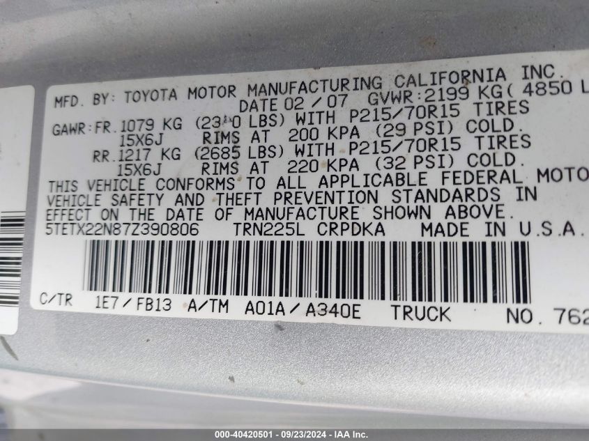 5TETX22N87Z390806 2007 Toyota Tacoma