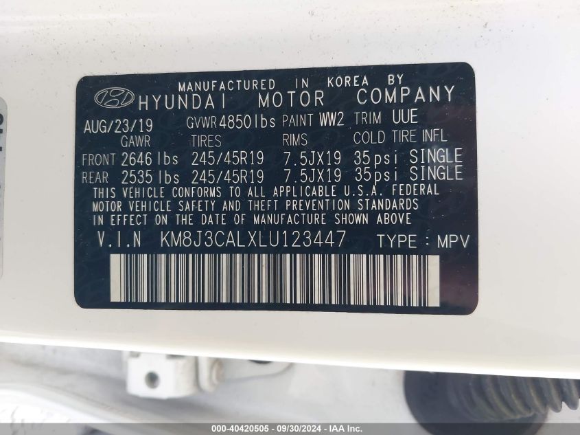 KM8J3CALXLU123447 2020 Hyundai Tucson Limited/Sel/Sport/Ultimat