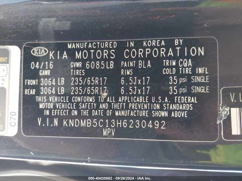 KNDMB5C13H6230492 2017 Kia Sedona Lx