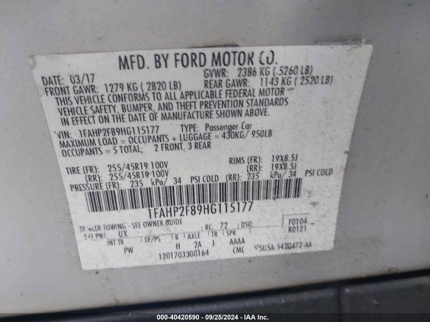 1FAHP2F89HG115177 2017 Ford Taurus Limited