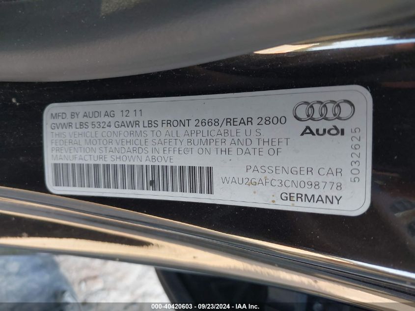 2012 Audi A7 Premium VIN: WAU2GAFC3CN098778 Lot: 40420603