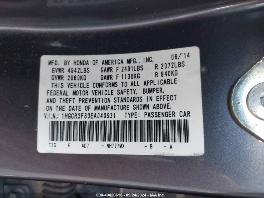 1HGCR3F83EA040531 2014 Honda Accord Ex-L V-6