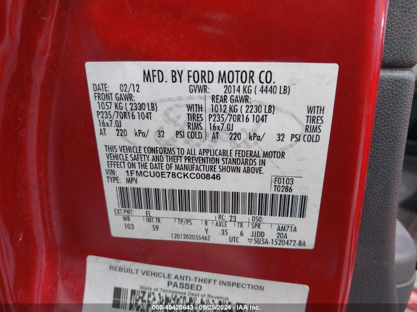 1FMCU0E78CKC00846 2012 Ford Escape Limited