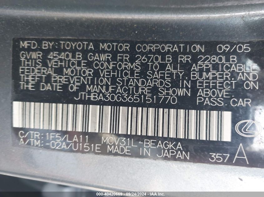 JTHBA30G365151770 2006 Lexus Es 330