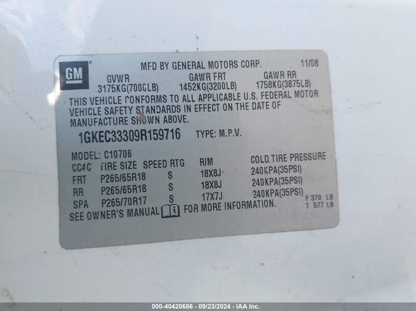 2009 GMC Yukon Slt W/4Sa VIN: 1GKEC33309R159716 Lot: 40420686