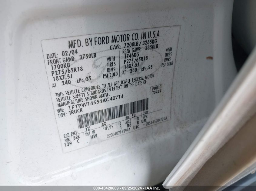 2004 Ford F-150 Fx4/Lariat/Xlt VIN: 1FTPW14554KC40714 Lot: 40420689
