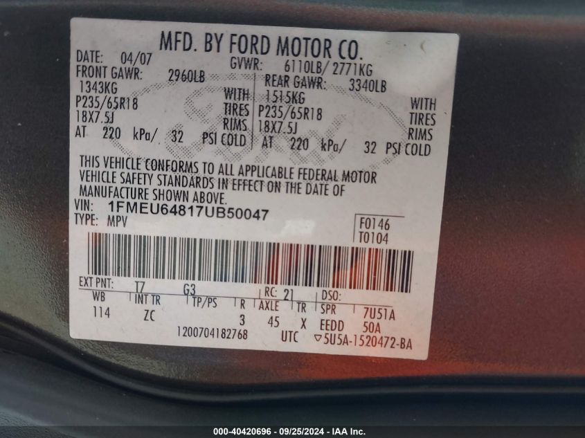 1FMEU64817UB50047 2007 Ford Explorer Eddie Bauer