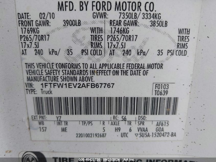 2010 Ford F-150 Fx4/Harley-Davidson/King Ranch/Lariat/Platinum/Xl/Xlt VIN: 1FTFW1EV2AFB67767 Lot: 40420720