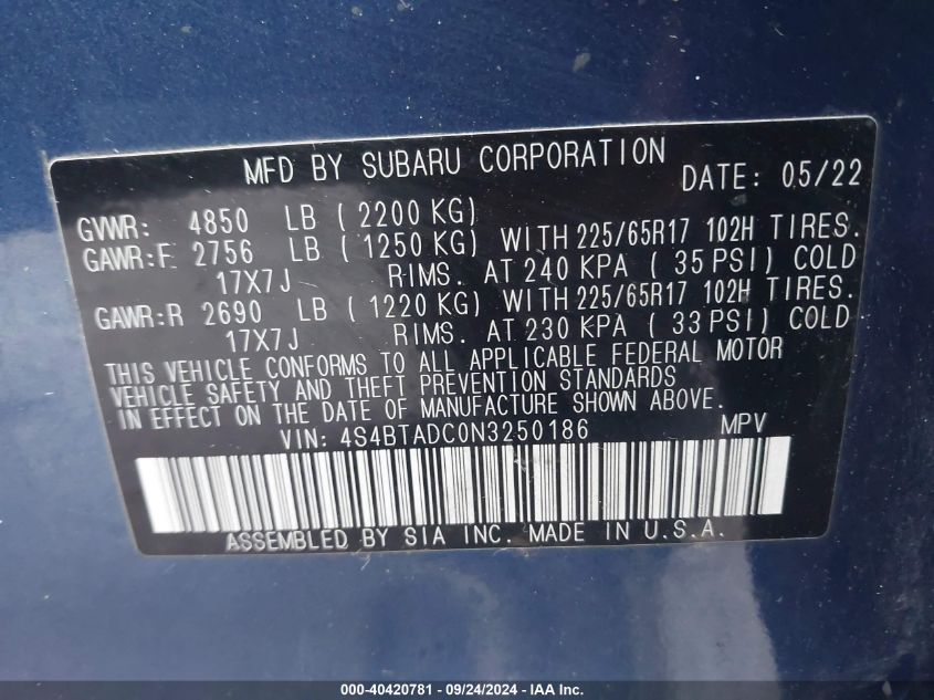 4S4BTADC0N3250186 2022 Subaru Outback Premium